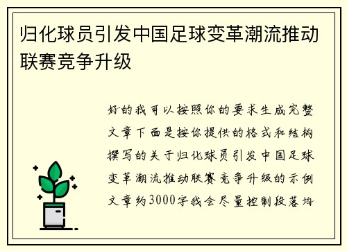 归化球员引发中国足球变革潮流推动联赛竞争升级
