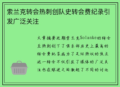 索兰克转会热刺创队史转会费纪录引发广泛关注